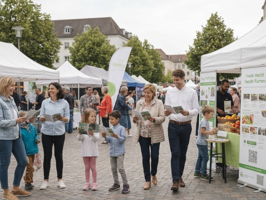 Bildschirm mit Gesundheitsnachrichten und Stadtplan von Kaiserslautern